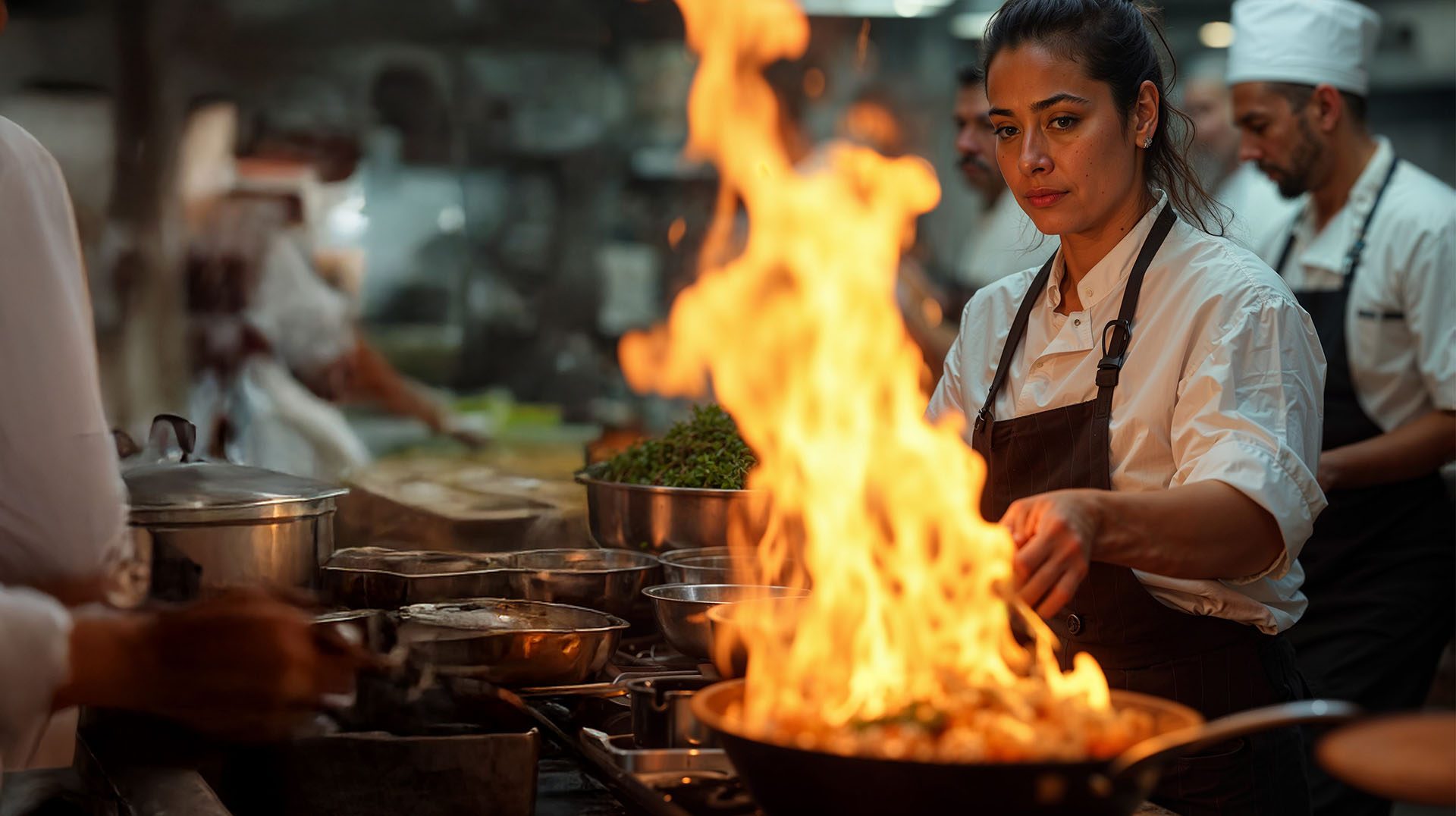 High-heat cooking in a commercial kitchen